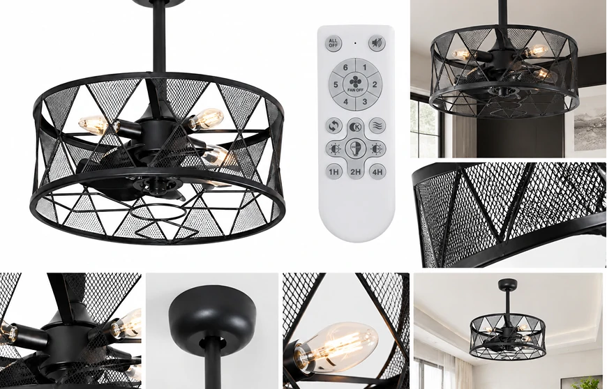 Industrial caged ceiling fan with remote control showing six speed settings and timer functions.