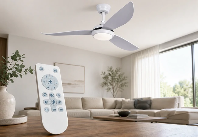 ceiling fan with light remote control in modern living room showing smart operation system for OEM ODM ceiling fan solution