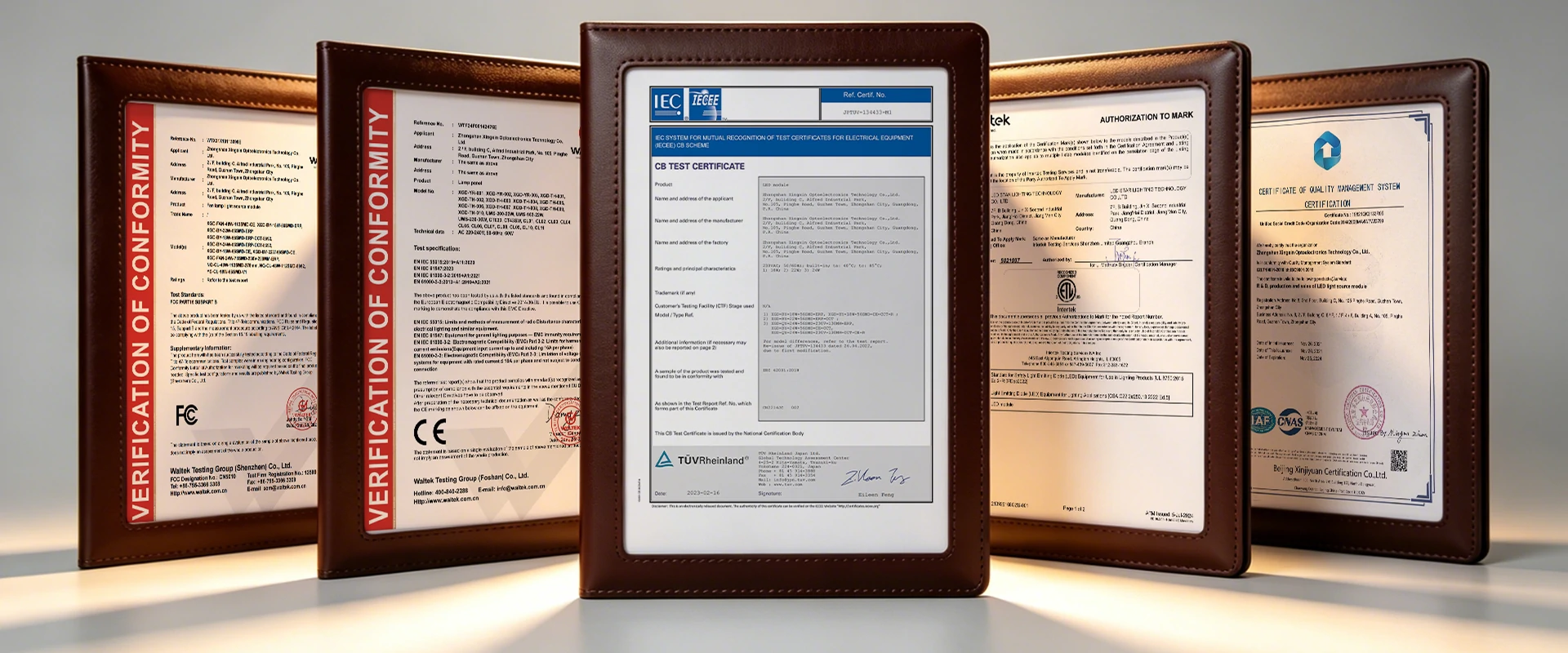 Ultra realistic certifications compliance hero banner showing international testing documents in premium folders for ceiling fan light manufacturing quality assurance