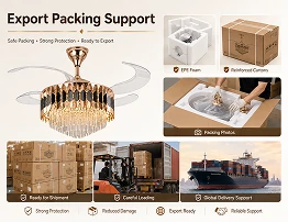 Crystal retractable chandelier ceiling fan securely packed in export grade cartons with foam protection for international shipping
