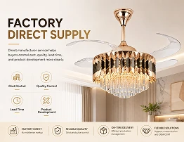 Crystal retractable chandelier ceiling fan manufactured in modern factory assembly line ensuring direct supply and quality control