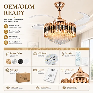 Crystal retractable chandelier ceiling fan OEM ODM manufacturing process showing components, customization options, and factory production capability