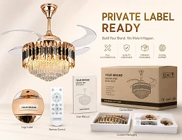 Crystal retractable chandelier ceiling fan private label customization showing logo packaging manual and branding options for OEM ODM buyers