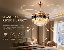 Crystal retractable chandelier ceiling fan demonstrating seasonal reverse airflow function for both cooling and warm air circulation