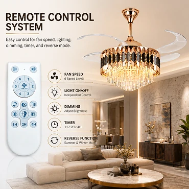 Crystal retractable chandelier ceiling fan operated by remote control for easy adjustment of lighting and airflow in luxury bedroom environment