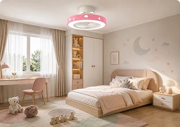 Colorful kids room ceiling fan with LED lighting installed in a playful Scandinavian children's bedroom.