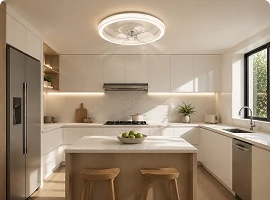 Compact ceiling fan light for kitchen spaces combining airflow and illumination in OEM integrated solutions