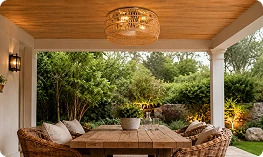 Modern rattan ceiling fan with light for covered patio and backyard dining spaces