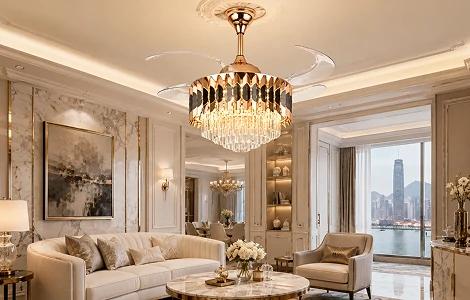Luxury crystal retractable chandelier ceiling fan installed in elegant villa living room with warm ambient lighting and premium interior design