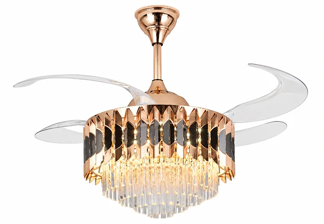 Crystal retractable chandelier ceiling fan with remote control shown on white background with open and closed blade configuration