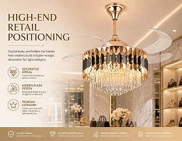 Crystal retractable chandelier ceiling fan displayed in luxury retail showroom highlighting high end positioning for premium market and boutique lighting stores
