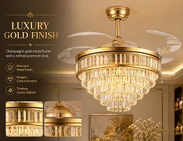 Luxury champagne gold crystal retractable chandelier ceiling fan installed in elegant high end interior with warm lighting