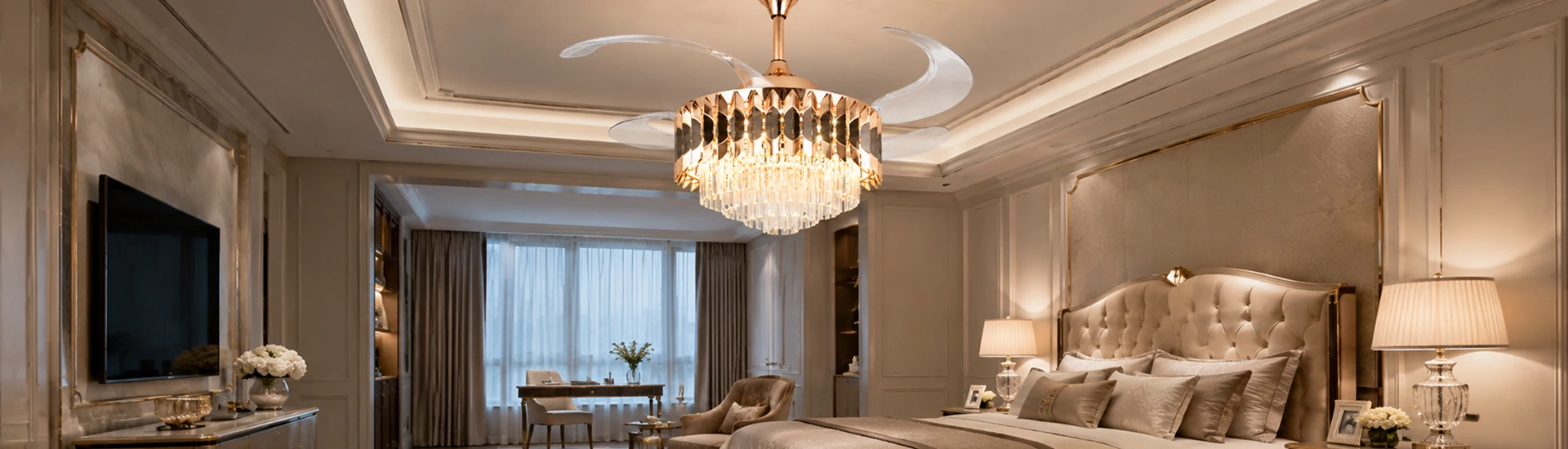 Crystal retractable chandelier ceiling fan with remote control installed in luxury bedroom interior modern villa lighting design