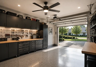 Damp rated ceiling fan installed in residential garage or covered patio exposed to humidity and seasonal changes