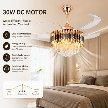 Crystal retractable chandelier ceiling fan equipped with energy efficient DC motor system for quiet and stable airflow performance