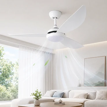 energy saving dc motor ceiling fan with light showing quiet airflow performance in modern bedroom interior