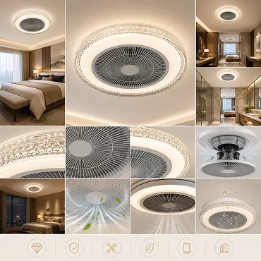 Luxury ceiling fan light operating with an energy-efficient DC motor in a quiet bedroom