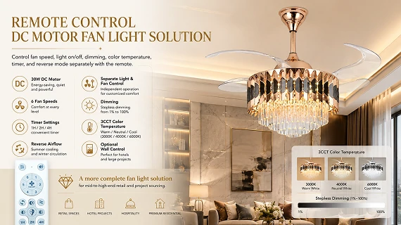 Crystal retractable chandelier ceiling fan with DC motor and remote control system offering adjustable speed lighting and airflow modes in modern bedroom