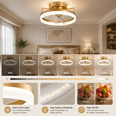 20 inch air multiplier ceiling fan with dimmable LED lighting in a bedroom setting SEO说明