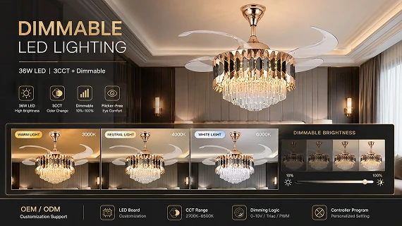 Crystal retractable chandelier ceiling fan with dimmable LED lighting system showing warm neutral and cool color temperature ambiance modes
