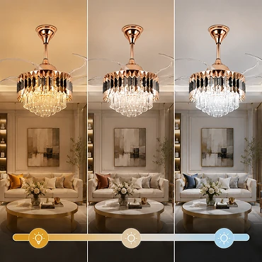 Crystal retractable chandelier ceiling fan showing dimmable LED lighting with adjustable warm and cool color temperature modes
