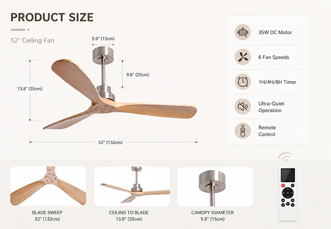 DC motor ceiling fan no light with remote control and timer function