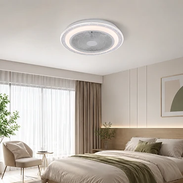 20 inch flush mount ceiling fan with energy efficient DC motor installed in a modern bedroom environment