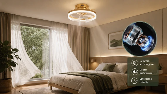 Energy efficient DC motor air multiplier ceiling fan light operating in a modern residential bedroom