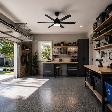 Energy efficient garage ceiling fan designed for long operating hours in residential utility spaces