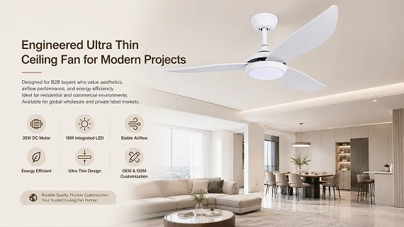52 inch ultra thin ceiling fan with light installed in modern open concept living space showing engineered OEM ODM project solution for residential applications