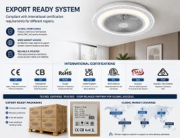 Export ready flush mount ceiling fan with LED light supported by international certification and quality assurance systems