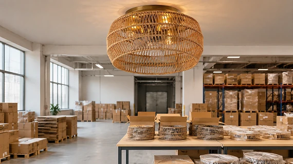 Rattan ceiling fan manufacturing warehouse showing factory direct supply capability with organized export packaging and bulk production storage