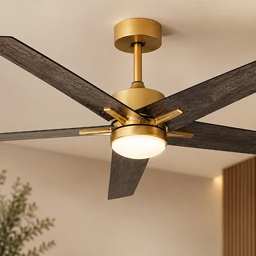 60 inch fandelier ceiling fan model featuring gold metal body and wood grain blades designed for luxury modern interior decoration projects