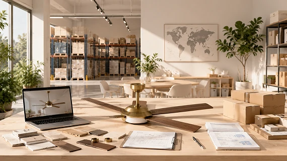 60 inch fandelier ceiling fan OEM supply chain workspace showing product design samples packaging and engineering documents for global manufacturing projects