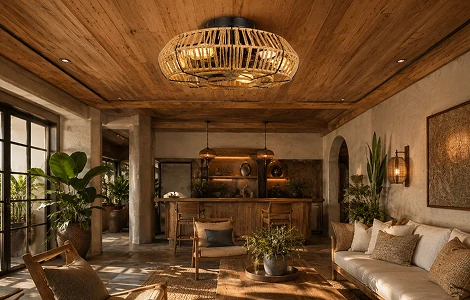 20 inch farmhouse rattan caged ceiling fan with light installed in a boutique hotel and hospitality interior