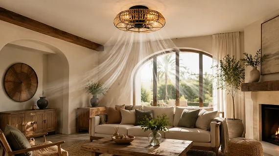 20 inch farmhouse rattan caged ceiling fan providing efficient airflow in a modern farmhouse living room