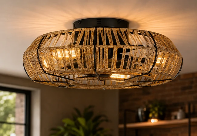 Detailed woven rattan craftsmanship on a 20 inch farmhouse rattan caged ceiling fan with light