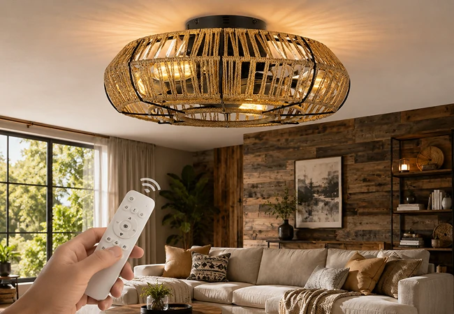 20 inch farmhouse rattan caged ceiling fan with light operated by remote control in a rustic living room