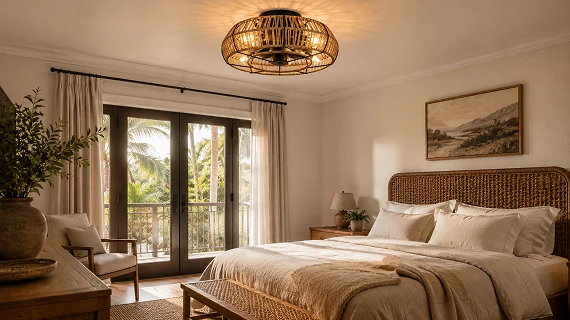 20 inch farmhouse rattan caged ceiling fan with light installed in a boutique vacation rental bedroom