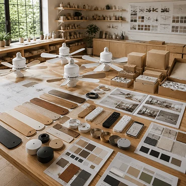 Kitchen ceiling fan customization workspace displaying blade finishes motor options and product material samples