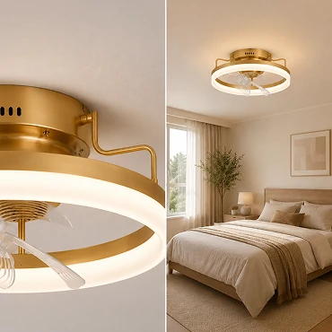 Flush mount air multiplier ceiling fan light installed in a compact bedroom with low ceilings