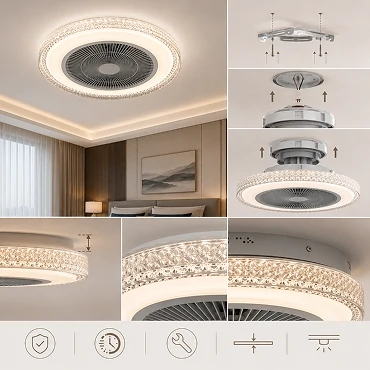 Flush mount luxury ceiling fan light installed in a modern low-ceiling bedroom