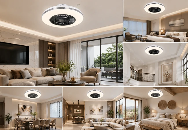 flush mount ceiling fan light installed across multiple modern interiors including bedroom living room hotel and apartment showing versatile application scenarios
