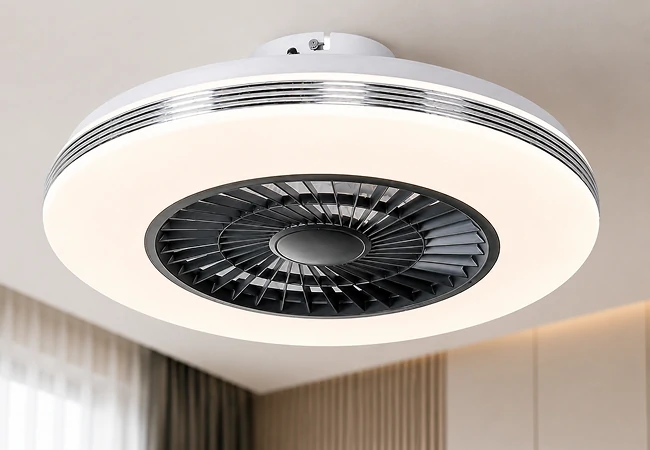 flush mount ceiling fan light with remote control installed in modern bedroom ceiling showing ultra thin airflow design and soft LED lighting effect