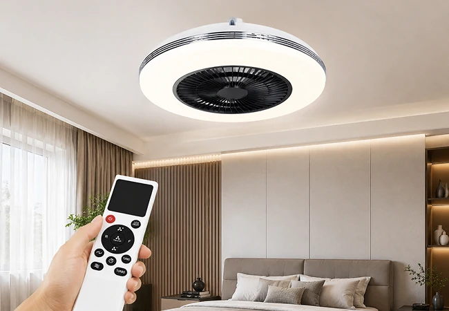 flush mount ceiling fan light with remote control shown in modern bedroom interior with soft lighting and minimalist smart home environment
