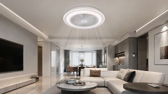 20 inch flush mount ceiling fan with LED light installed in a contemporary living room showing efficient airflow and modern lighting performance