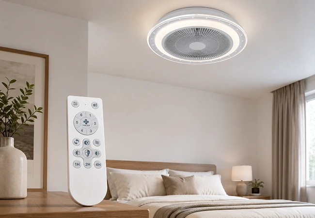 20 inch flush mount ceiling fan with LED light and remote control displayed in a modern bedroom environment
