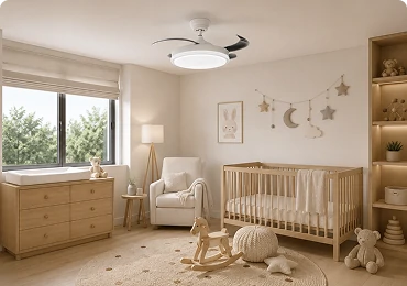 Flush mount kids room ceiling fan with LED light installed in a Scandinavian nursery and compact bedroom.