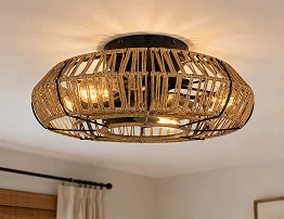 Flush mount installation of a 20 inch farmhouse rattan caged ceiling fan with light on a low ceiling