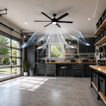 Garage ceiling fan delivering powerful air circulation throughout a modern residential workshop environment
